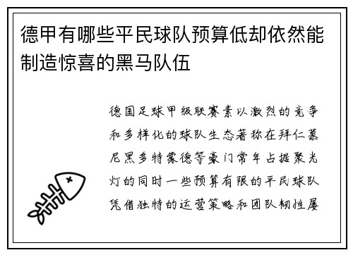德甲有哪些平民球队预算低却依然能制造惊喜的黑马队伍