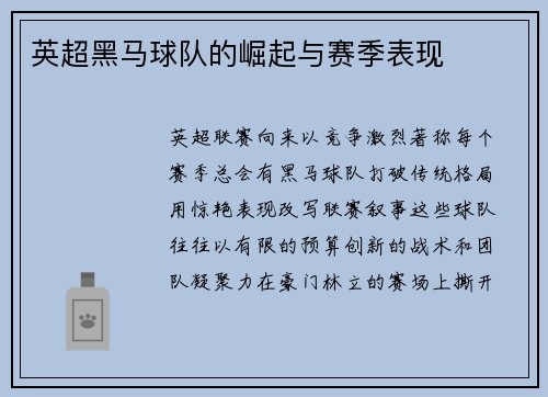 英超黑马球队的崛起与赛季表现